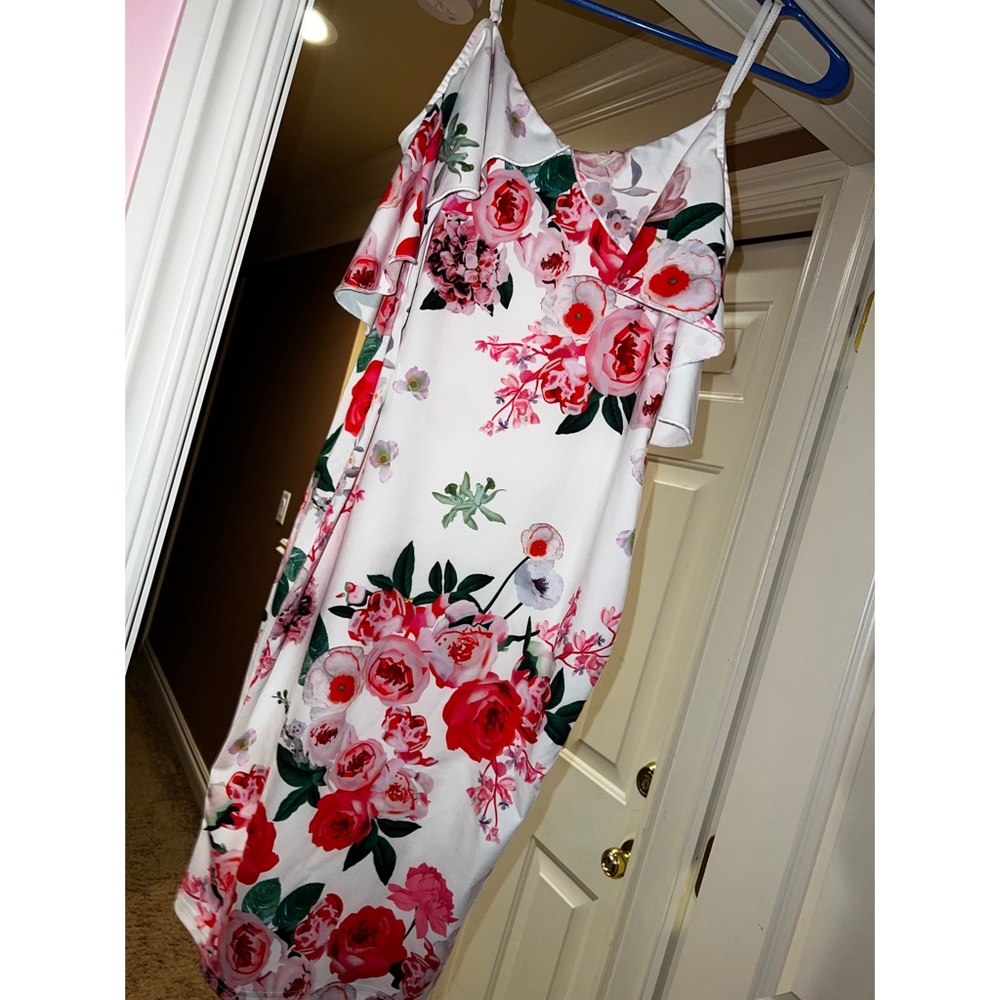White and Floral Cold Shoulder Fitted Midi Dress